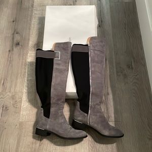 Calvin Klein Wide Suede and starchy fabric zipper tall boots